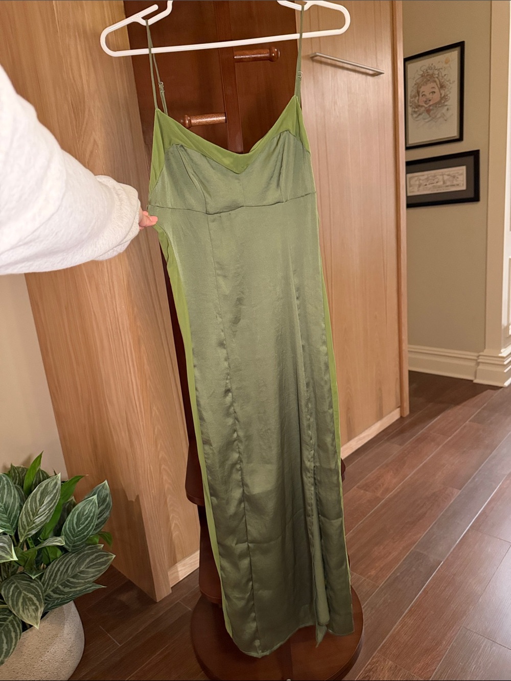 Free People Olive Green Satin Maxi Slip Dress